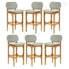 Kit 6 Banquetas Alta Estofada Rafine Madeira Maciça Castanho Linho Ver