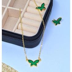 Kit Conujnto Colar e Brincos Feminino Adulto e Infantil Borboleta Pequ