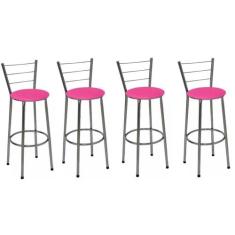 Kit 4 Banquetas Altas Cromada com Encosto Assento Rosa - Jaddi
