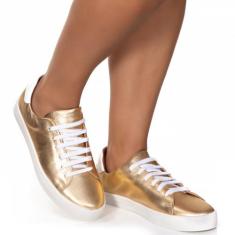 Tênis Feminino Em Couro Legítimo - Alice Monteiro, Dourado, 38