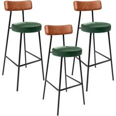 Kit 03 Banquetas Alta Bar Cozinha Sala Jantar Milão L02 Couríssimo Camel Facto Verde - Lyam Decor