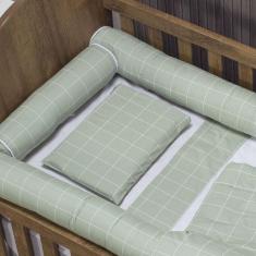 Kit Para Berço Jogo De Lençol Com Rolinhos 100% Algodão 7 Peças Grid Verde