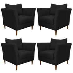 Kit 4 Poltronas Decorativa Sala de Estar Pés Palito Lubbock Couro Pret