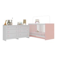 Berço 3 em 1 para Colchão 130 x 60cm com Cômoda Doce de Leite Multimóveis Mp4297 Branco/rosa