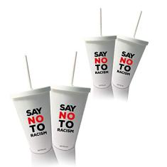 4 Copos com Tampa e Canudo Branco Say no Racism