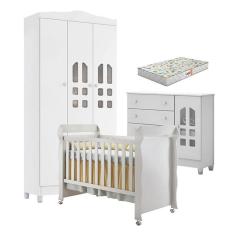 Quarto de Bebê New Selena 3 Portas com Cômoda Selena e Berço Mirelle Branco Brilho e Colchão Gazin – Carolina Móveis
