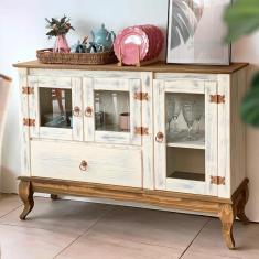 Balcão Rústico Madeira Maciça 3 Portas Vidro Branco Garapa D125 Shop JM