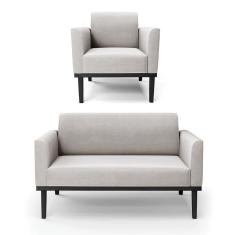 Sofá Namoradeira Com Poltrona Base De Madeira Fixa Preto Marisa Veludo Cinza D03 - D`Rossi