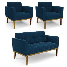 Namoradeira 2 Poltronas Base Madeira Fixa Cast Elisa Bouclê Azul D03 - D`Rossi