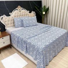Jogo De Cama Lençol Casal Colonial Percal 300 Fios 4 Peças - Azul - 100% Poliéster