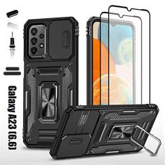 LMDAMZ Capa resistente para Samsung Galaxy A23, proteção amortecedora de borracha híbrida de camada dupla de grau militar com protetor de câmera deslizante, suporte giratório embutido de 360 graus -