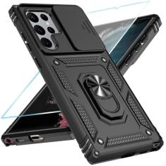 SunStory Capa de celular para Samsung Galaxy S22 Ultra 5G com protetor de tela HD e capa de câmera deslizante e suporte de anel girado, [grau militar] [2 em 1] capa de telefone para Galaxy S22 Ultra