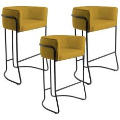 Kit 03 Banquetas Fixa Preto Veludo Mostarda C-279