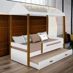 Cama Casa Solteiro Lara Branca com LED, Aux, e 02 Colchões - Movelaria