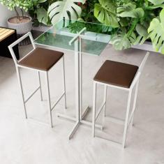 Conjunto Mesa Alta Bar Bistrô Quadrada Vidro 2 Banquetas Confort Estof