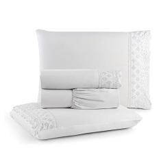 Jogo de Lençol Queen 4 Peças Napoli Percal 300 Fios Lese Bordado Inglês (Branco)