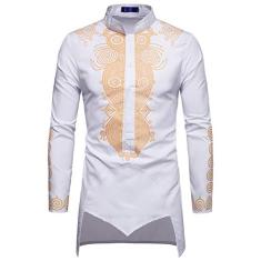Blusa masculina WSLCN com estampa Dashiki africana, manga comprida, primavera, outono, Branco, Bust 40.6" (Asian M)