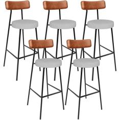 Kit 05 Banquetas Alta Cozinha Sala De Jantar Aço Milão L02 Couríssimo Camel Linho Cinza - Lyam Decor