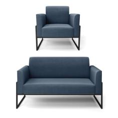 Sofá Namoradeira Com Poltrona Base Industrial Alta Preto Marisa Suede 