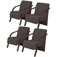 Kit 4 Poltronas Vênus de 1 Lugar Braço Madeira D Salla Suede, Marrom