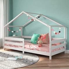 IDIMEX Cama Montessoriana Solteiro Madeira Maciça 88x188 Casinha com grade com Estrado Rena cor Branca