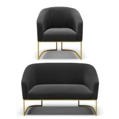 Namoradeira E Poltrona Base Industrial Dourado Stella Suede Preto D03 