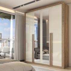 Guarda-Roupa Solteiro Severo 4 Portas com Espelho Ipê/Off White - Panorama Móveis