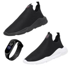 Kit 2 Tenis Esportivo Calce Facil Palmilha EVA Macio Caminhada Sola Resistente Com Relogio Digital-Masculino