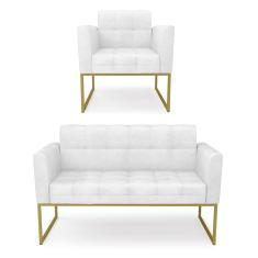 Kit 1 Sofá Namoradeira e 1 Poltrona Elisa Corano Branco Base Metálica Industrial Dourado D03 - D'Rossi