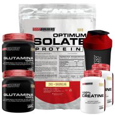 Kit Optimum Isolate Whey Protein 2kg+2x Creatina 100g+2x Glutamina 300g+Coqueteleira-Bodybuilders-Unissex
