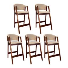 Kit 5 Banquetas Alta com Encosto Ravena Madeira Maciça Maciça Castanho
