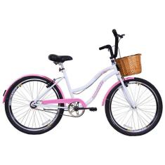 Bicicleta Retrô Vintage Aro 26 Feminina Beach Rosa com Branco com Cestinha