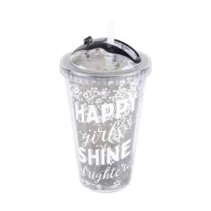 Copo Com Canudo 450Ml Happy Girls Shine Brighter - Etilux, Copo, Plást
