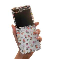 GO-VOLMON Capa feminina fofa para Samsung Galaxy Z Flip 5 estampa de flores Kawaii, protetor de dobradiça transparente, pó de glitter adorável design floral capa feminina para Z Flip 5 - laranja