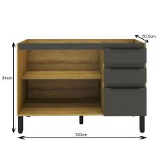 Armário Balcão De Cozinha 120cm Com 2 Portas E 3 Gavetas 2306 Mel Grafite