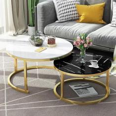 Mesa de centro empilhável com estrutura de metal redonda branca - Mesas de aninhamento elegantes com tampo de vidro com efeito de mármore para escritório doméstico ou sala de estar - Tamanho