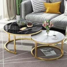 Mesa de centro empilhável com estrutura de metal redonda branca - Mesas de aninhamento elegantes com tampo de vidro com efeito de mármore para escritório doméstico ou sala de estar - Tamanho