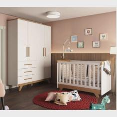 Conjunto para Quarto de Bebê com Guarda Roupa 4 Portas e Berço Retrô