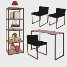 Kit Escritório Ravi 3 Cadeiras Suede Preto com 1 Mesa e 1 Livreiro Ferro Marrom mdf Rose Rosa - Ahazzo Móveis