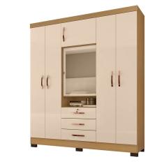 Guarda Roupa De Casal 6 Portas e 3 Gavetas Com Espelho Devon - Carvalho Americano - Off White - ÉdeCasaMóveis