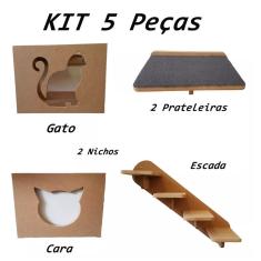 Kit Nicho Para Gato - 5 Peças = 2 Nichos + 2 Prateleira + 1 Escada Gato Pet Mdf 15mm