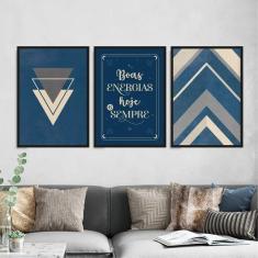 Kit 3 Quadros Abstratos Azuis 45x34cm - Decoração Madeira