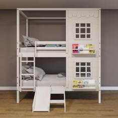 Beliche Casinha Reta Com 02 Janelas E Escorregador Madeira Maciça Branco Housin