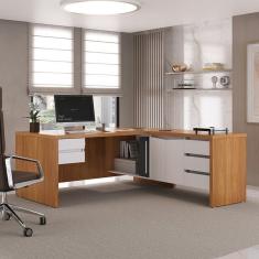 Mesa Para Escritório Em L Diretor Com 5 Gavetas Y37 Freijó Branco