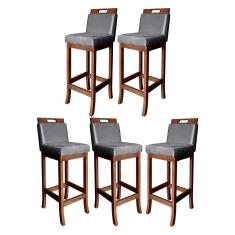 Kit 5 Banquetas Média para Bancada Milão Madeira Castanho Suede Cinza CCS