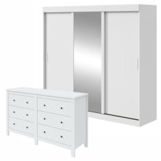 Conjunto de Guarda-roupa 3 Portas 3 Gavetas Saion Plus 1 Porta Glasse Cômoda Maggiore New Branco