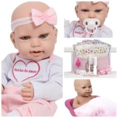 Boneca Reborn Recém Nascida Carequinha Olhos Azuis 20 Itens - Cegonha 