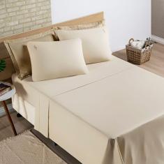 Jogo De Cama Lençol Percal 200 Fios 100% Algodão Bordado Liana Casal Padrão 04 Peças - Caqui