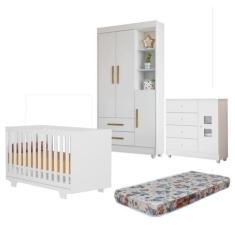 Quarto de Bebê com Berço Mini Cama, Cômoda 1 Porta 4 Gavetas e Roupeir