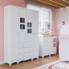 Quarto Infantil com Guarda Roupa 4 Portas e Cômoda 1 Porta com Janelas